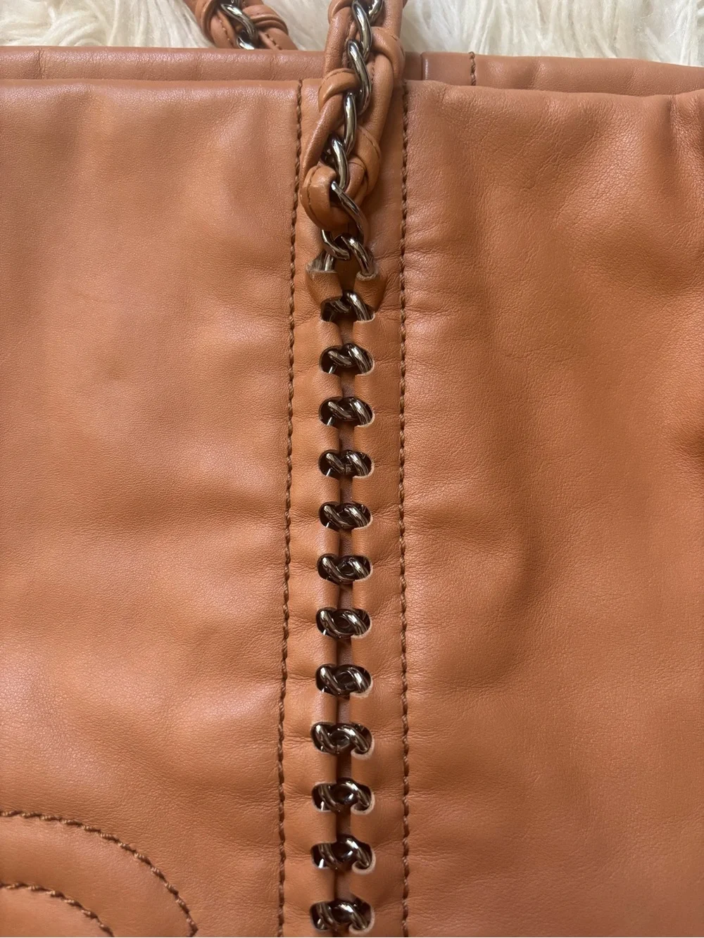 CHANEL Tan Leather Chain-Strap Tote with Stitched CC Emblem